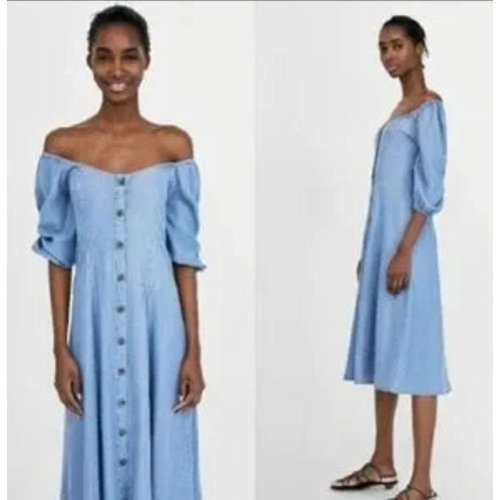 Zara Woman Blue‎ Chambray Button Down Midi Dress Puff Sleeve Light Wash Small